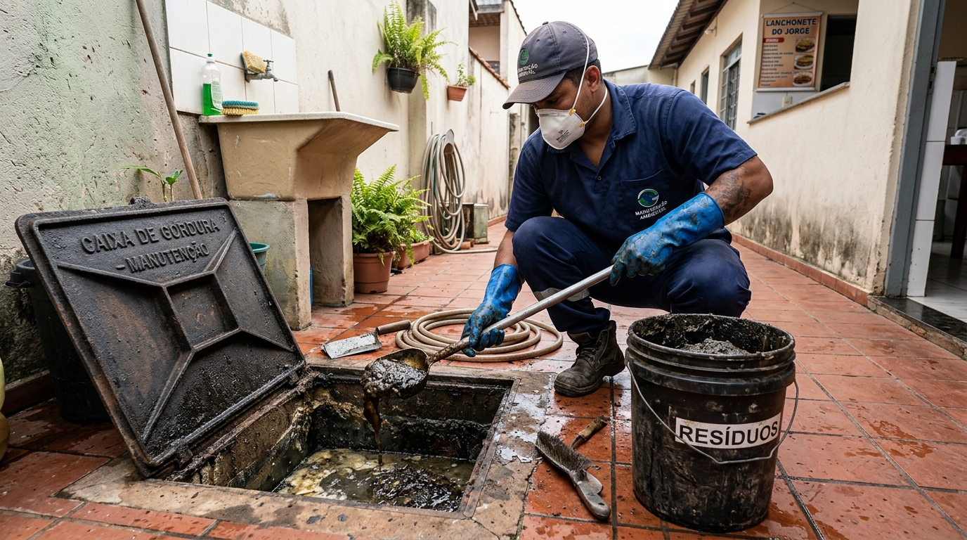 Remoção de resíduos da caixa de gordura em Aparecida de Goiânia‑GO
