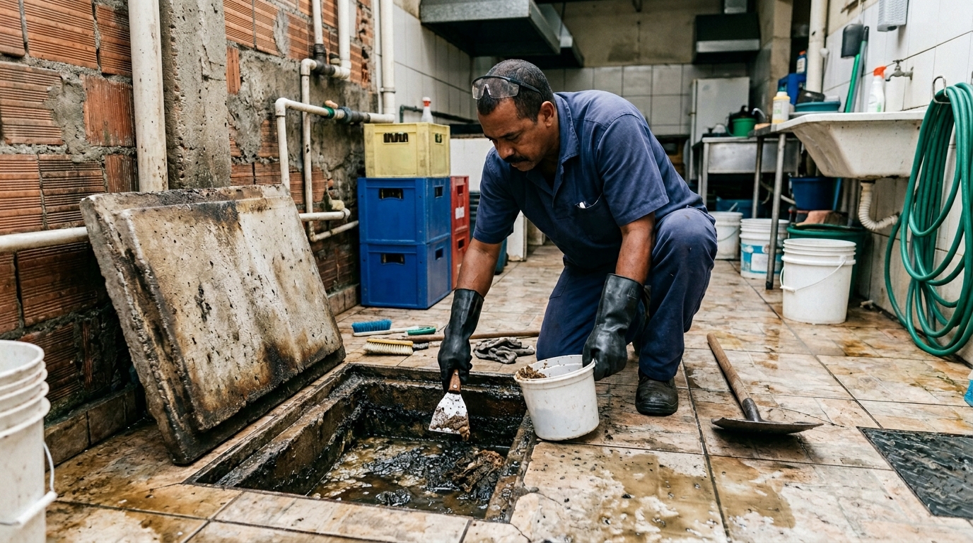 Limpeza de caixa de gordura residencial em Aparecida de Goiânia‑GO