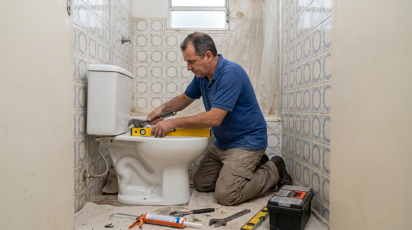 Técnico instalando vaso sanitário em Aparecida de Goiânia‑GO